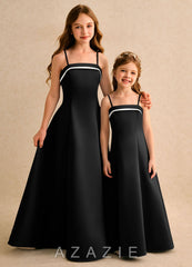 Azazie Izel Girls Formal Ivory Black A-Line Pleated Matte Satin Dress ivory/black