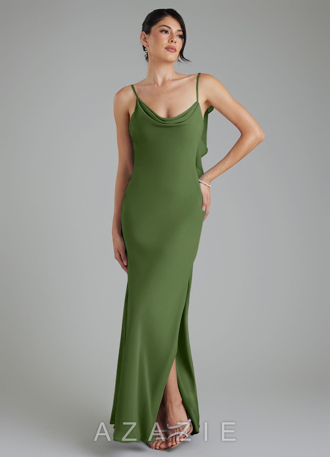 Azazie Veronica Olive Sheath Chiffon Dress olive