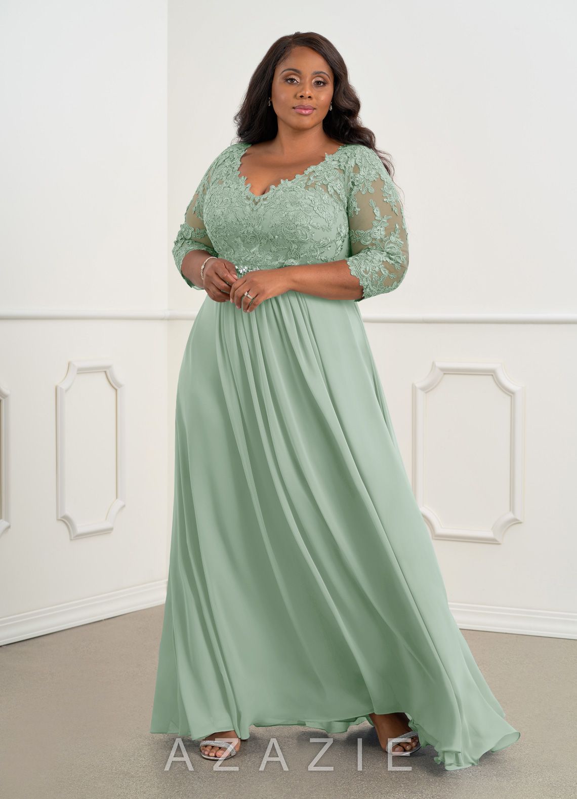Azazie Hayek Agave A-Line V-Neck Lace Chiffon Dress agave