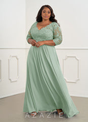 Azazie Hayek Agave A-Line V-Neck Lace Chiffon Dress agave