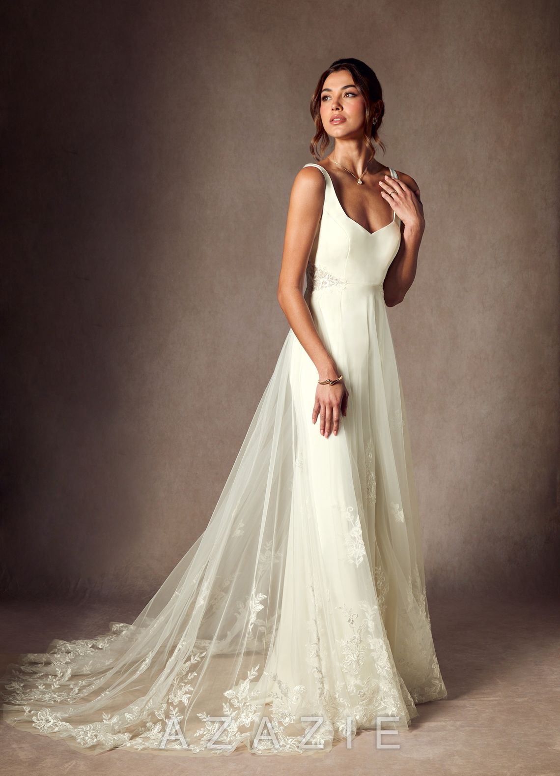 Azazie Ebony Wedding Dress Cream A-Line Sequins Crepe Back Satin Dress