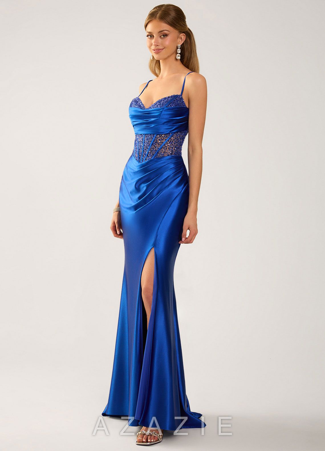 Marenmarka Royal Blue Beading Corset Satin Prom Dress  royal_blue