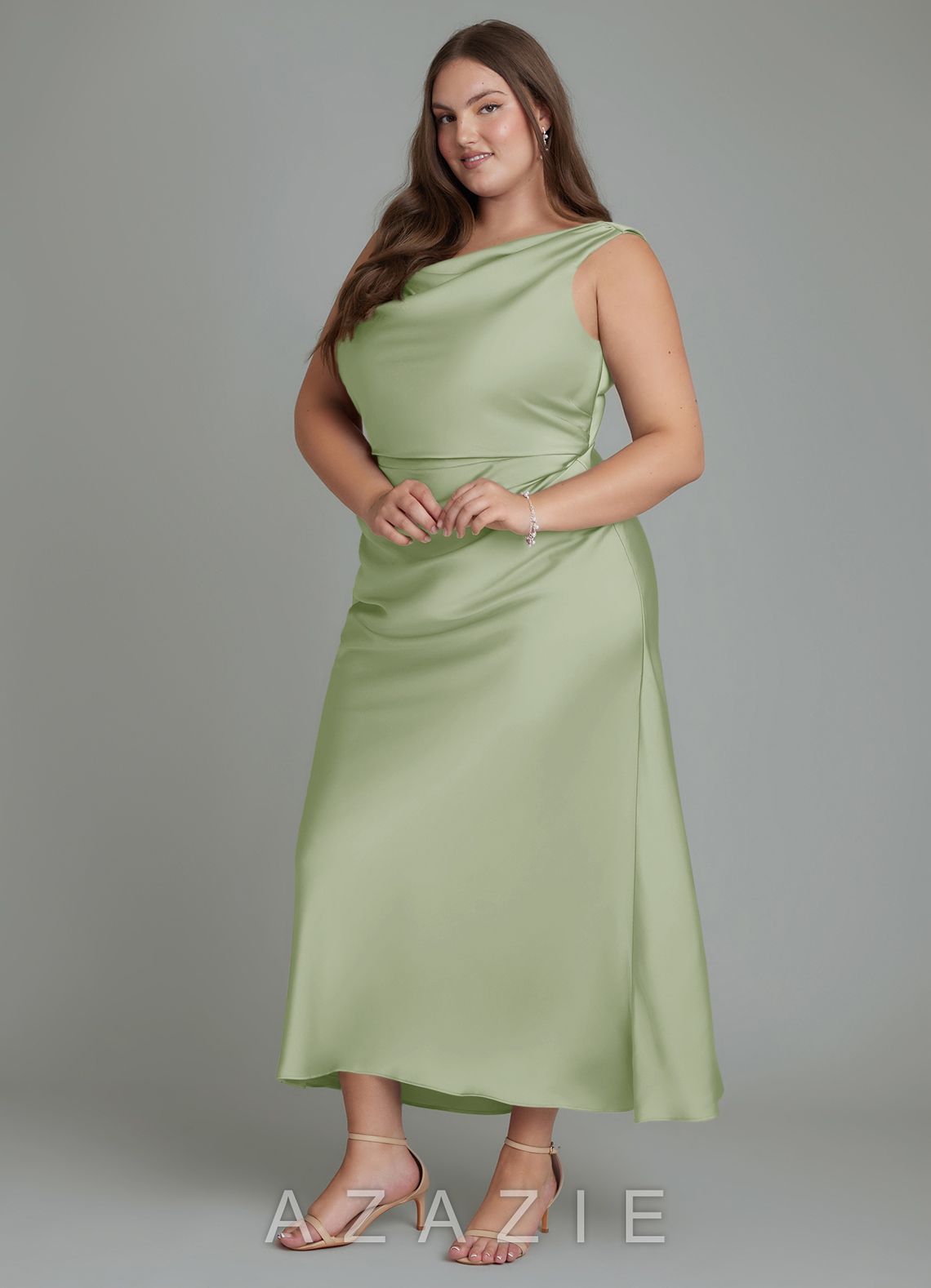 Azazie Kieryn Dusty Sage Mermaid Pleated Stretch Satin Dress dusty_sage