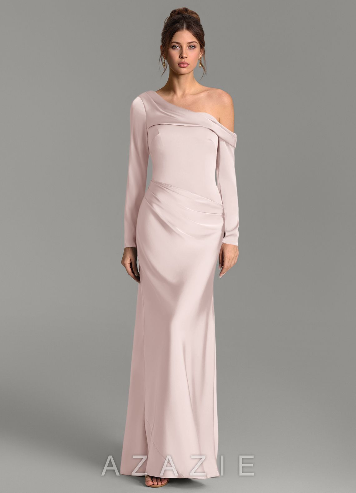 Azazie Sandra Blushing Pink Mermaid Long Sleeve Stretch Satin Dress