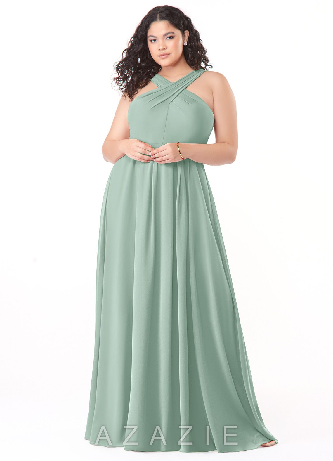 Azazie Dixie Agave A-Line Halter Pleated Chiffon Dress agave