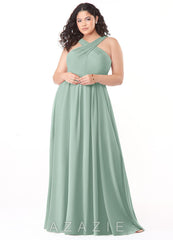 Azazie Dixie Agave A-Line Halter Pleated Chiffon Dress agave