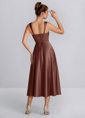 Ines Mocha Coco Square Neck Satin Lace-Up A-Line Midi Dress