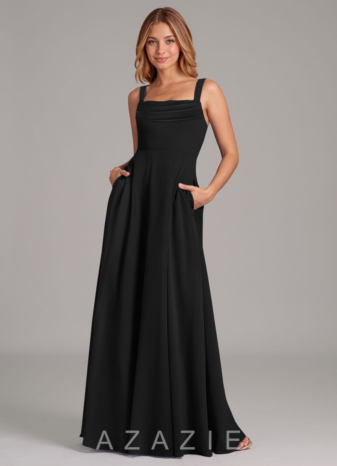 Azazie Shaude Black A-Line Pleated Chiffon Dress
