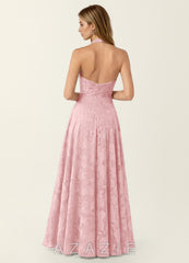 Celeste Coral Pink Lace V-neck A-Line Maxi Dress