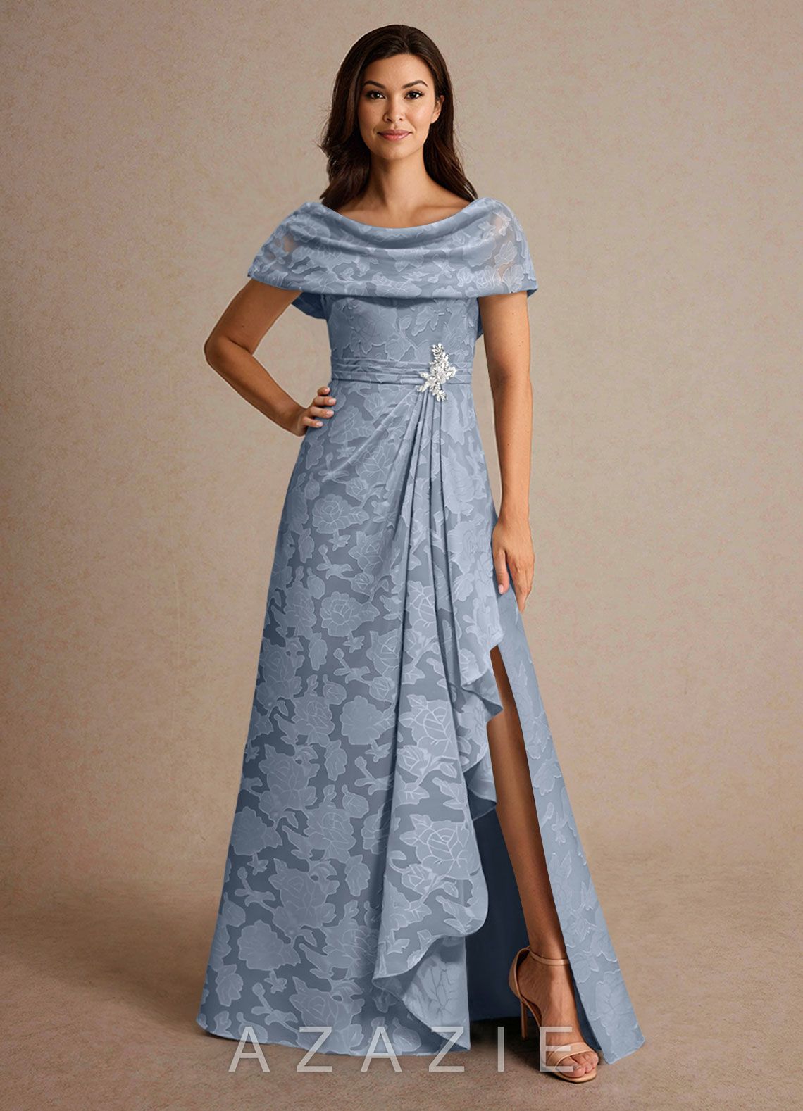 Azazie Branford Dusty Blue A-Line Pleated Floral Burnout Dress