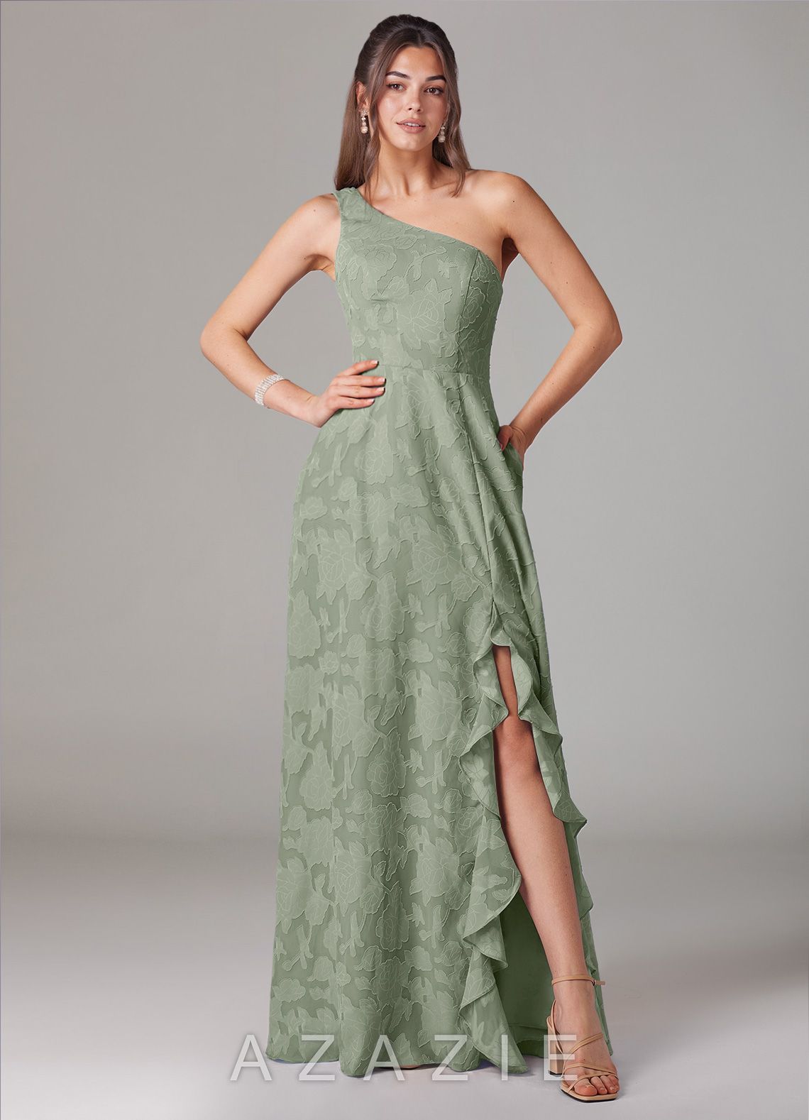 Azazie Ellianna Agave A-Line One Shoulder Floral Burnout Dress