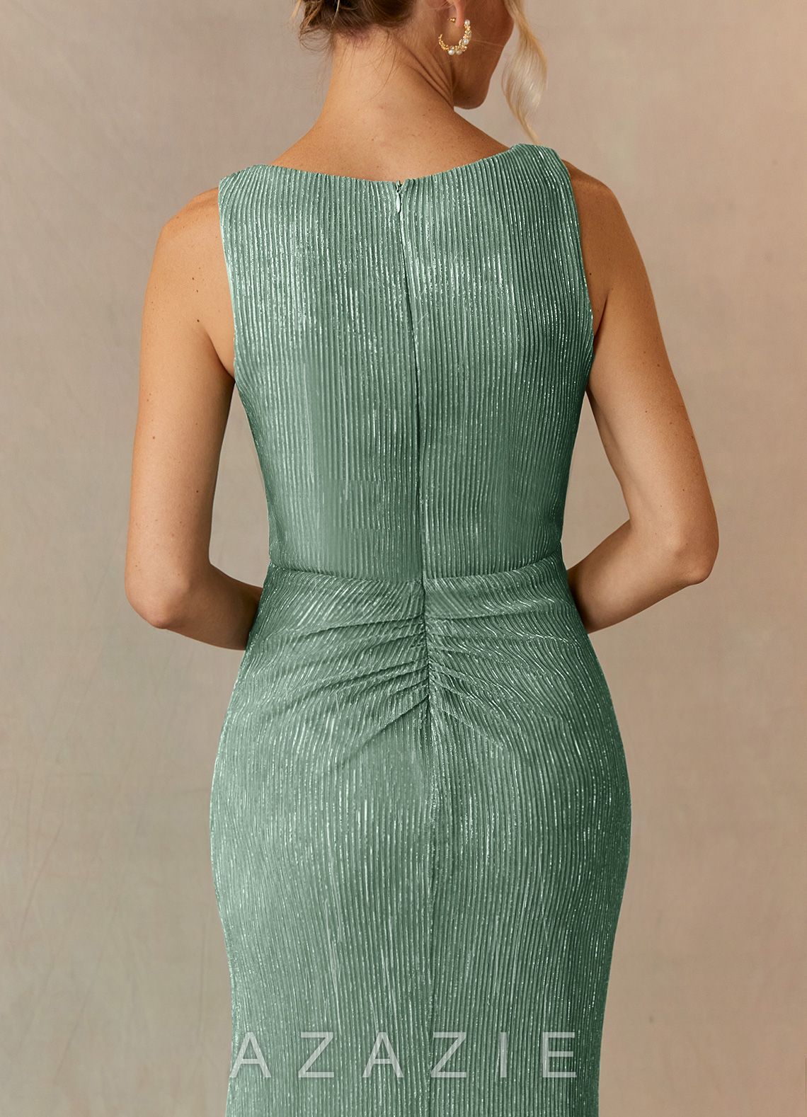 Azazie Tuscon Aquamarine A-Line Ruched Metallic Mesh Dress aquamarine