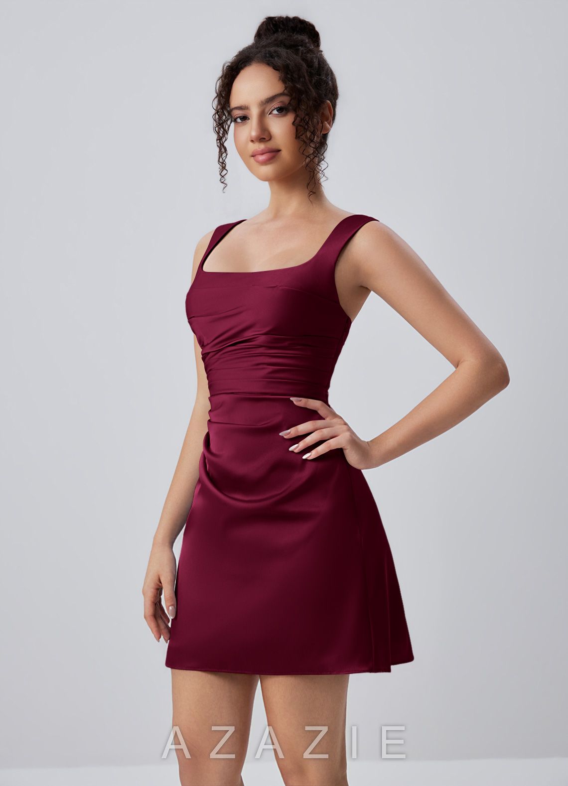 Isabeau Burgundy Satin Ruched Lace-Up Mini Dress