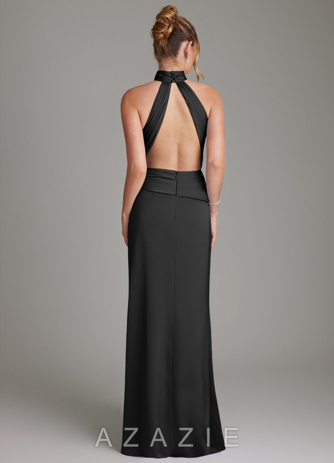 Azazie Gracelynn Black Sheath Pleated Stretch Satin Dress black