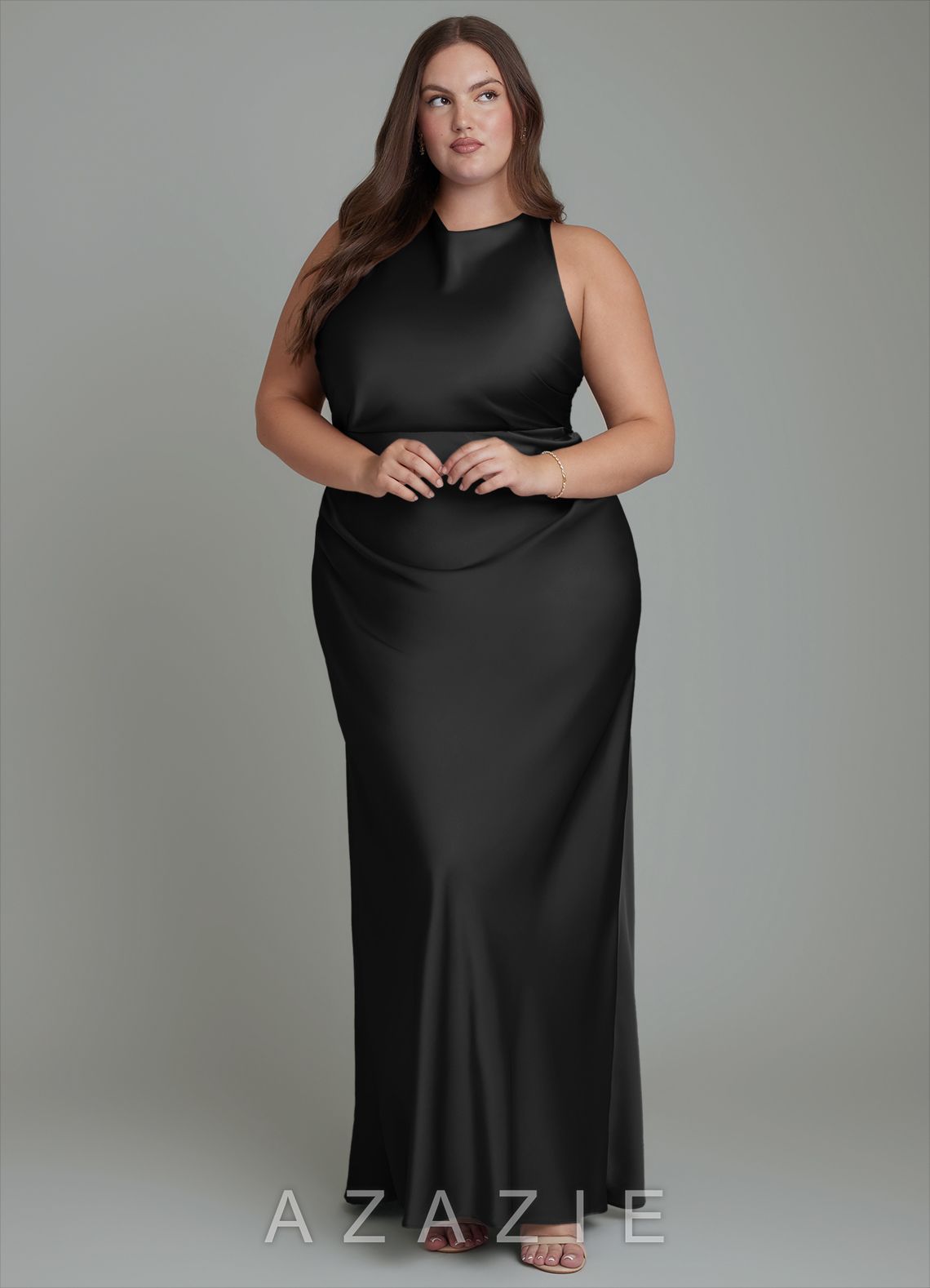 Azazie Evadne Black Sheath Pleated Stretch Satin Dress black