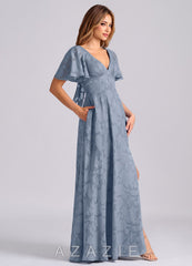 Azazie Kimber Dusty Blue A-Line with Pockets Floral Burnout Dress dusty_blue