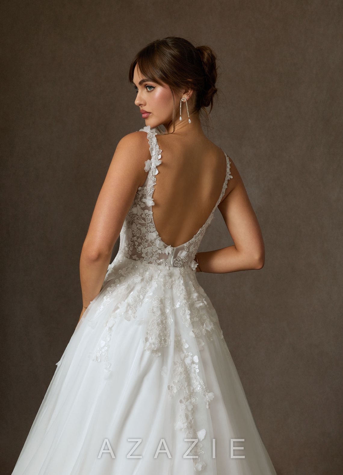Azazie Sabine Diamond White Ball-Gown Square Neckline Lace Dress diamond_white
