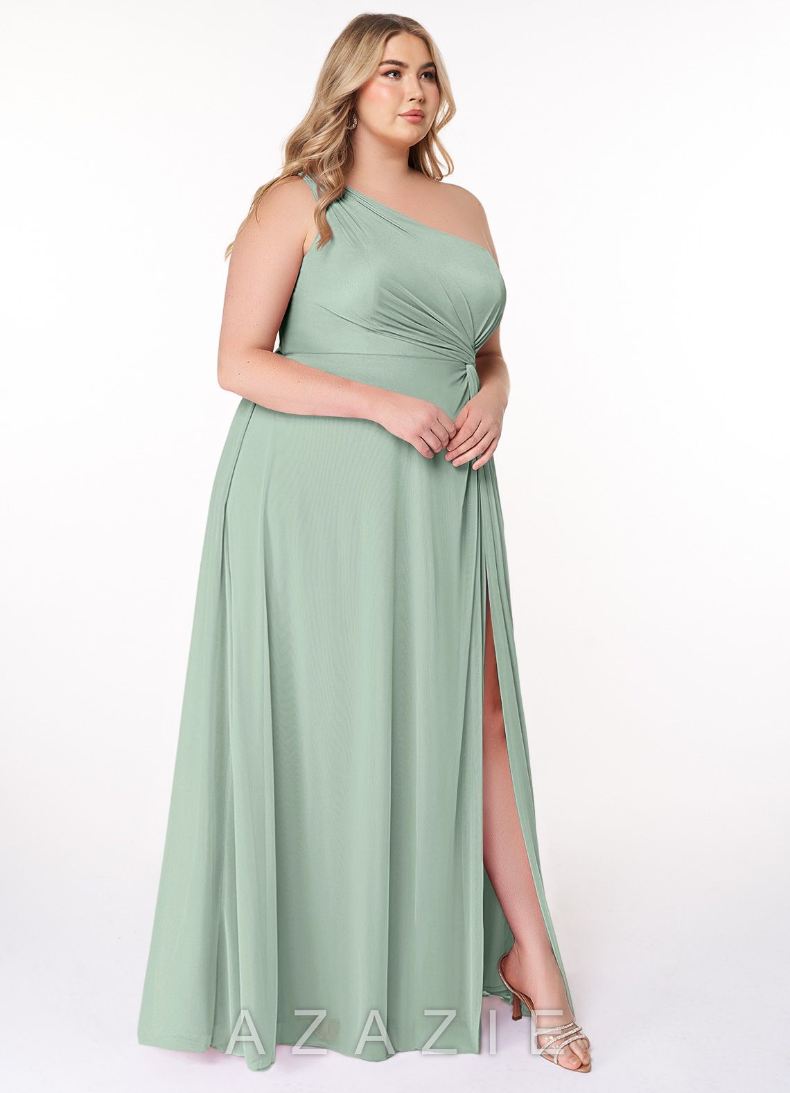 Azazie Brooke Agave A-Line One Shoulder Mesh Dress agave