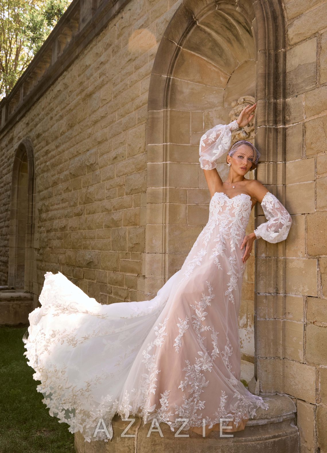 Azazie Madeleine Diamond White Champagne Ball-Gown Strapless Lace Dress