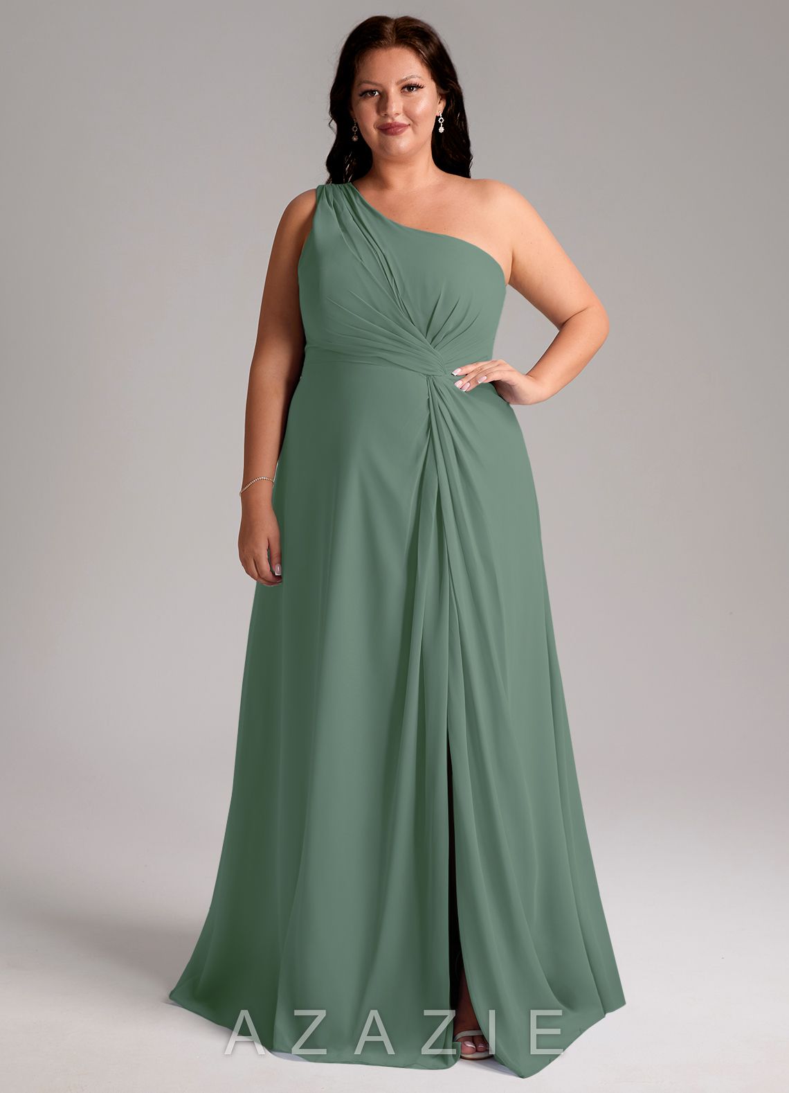 Azazie Brooke Eucalyptus A-Line One Shoulder Chiffon Dress eucalyptus