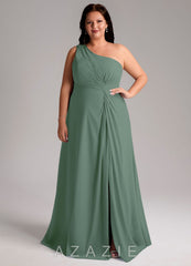 Azazie Brooke Eucalyptus A-Line One Shoulder Chiffon Dress eucalyptus