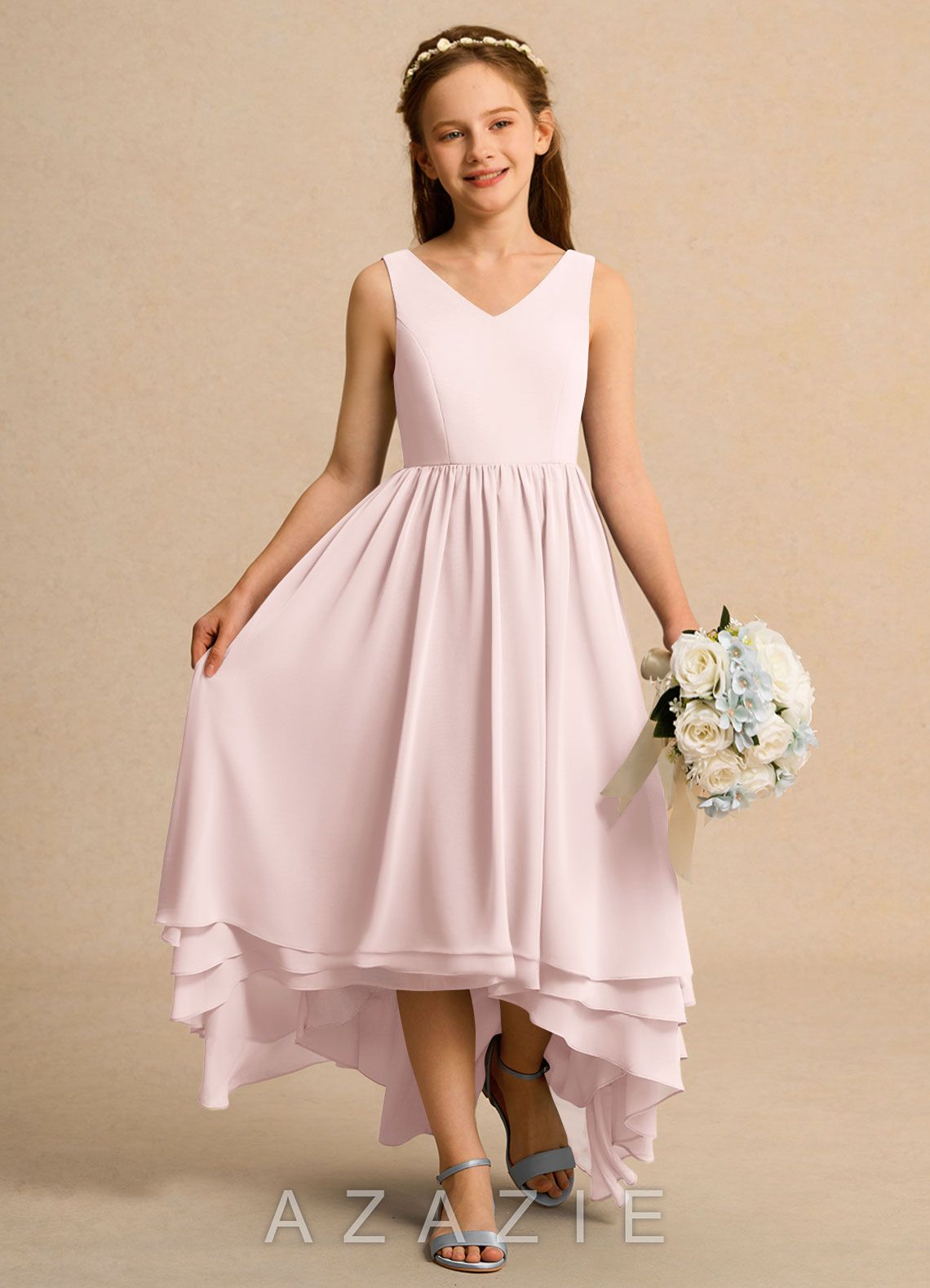 Azazie Kitten Girls Formal Blushing Pink A-Line Chiffon Dress blushing_pink