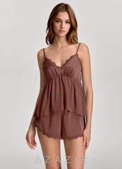Satin Lace Neckline Ruffled‑Bust Cami & Shorts Pajama Set