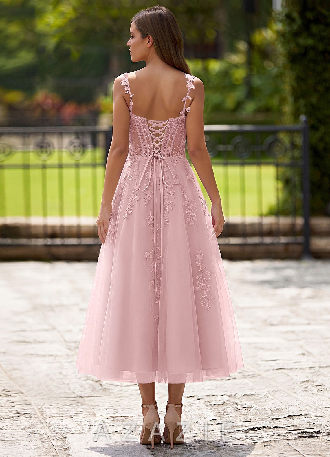Zosia Blushing Pink Lace A-line Lace Up Back Midi Dress