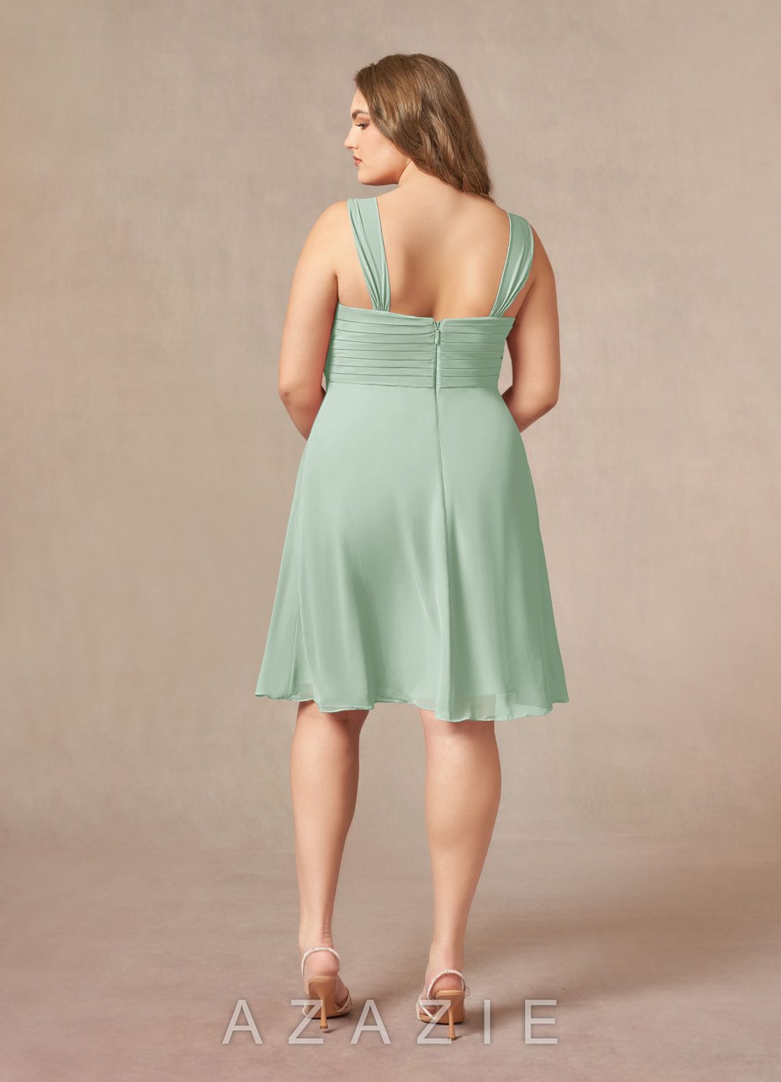 Azazie Olivia Agave A-Line Square Neckline Pleated Chiffon Dress agave