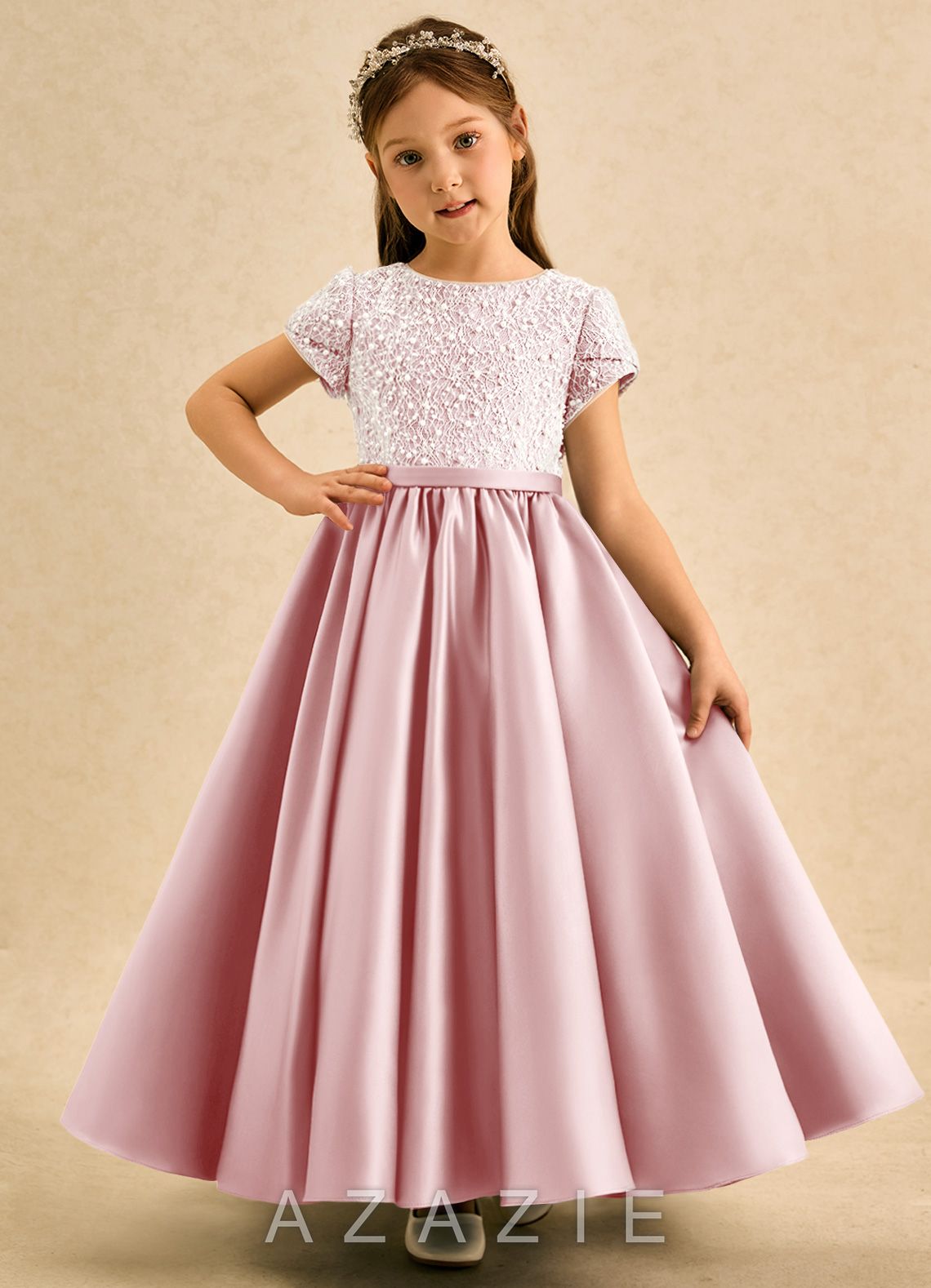 Azazie Cashew Powder Pink Ball-Gown with Sleeves Matte Satin Dress powder_pink
