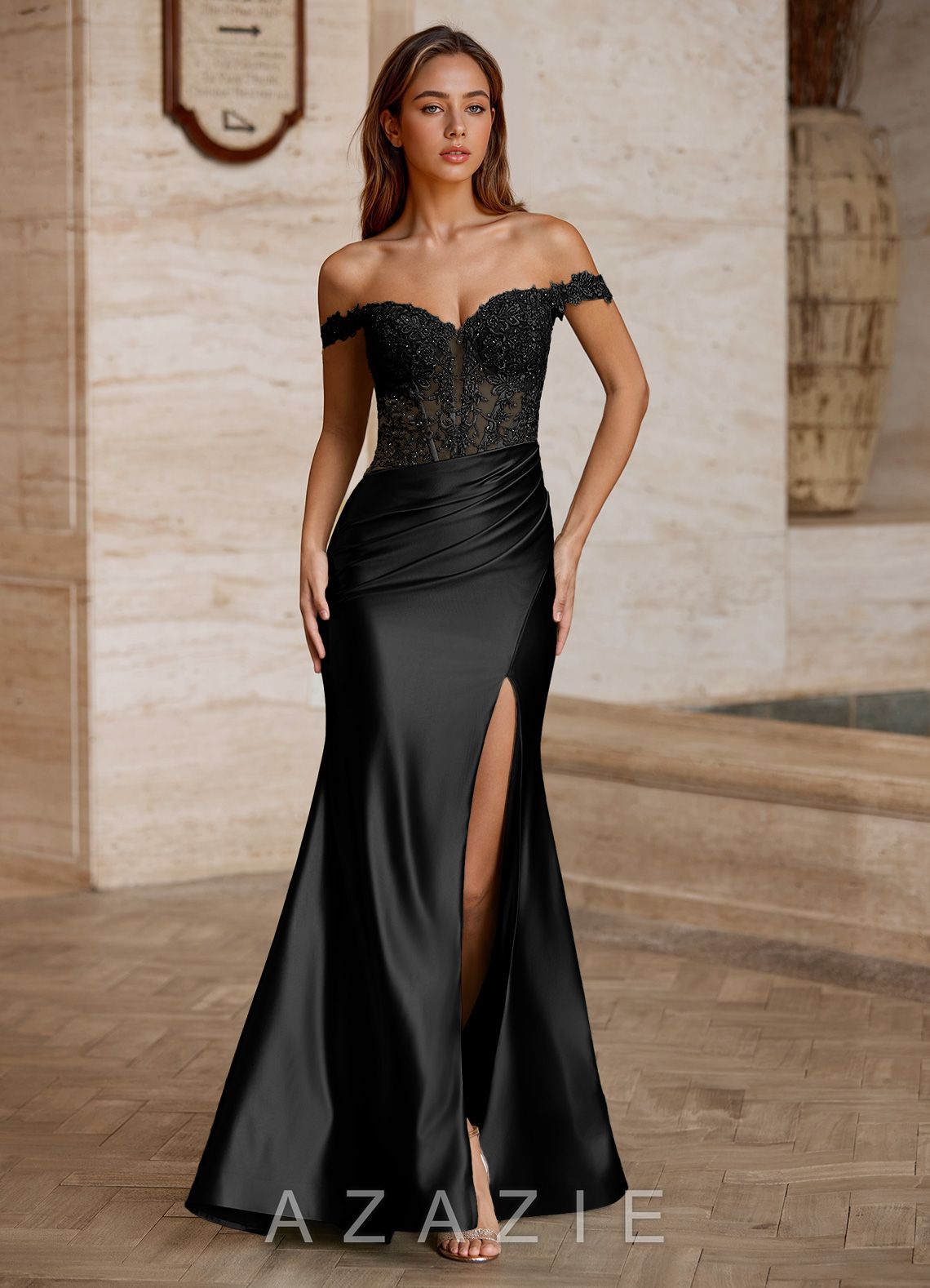 Wrentino Black Embroidered Appliqué Satin Mermaid Dress