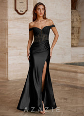 Wrentino Black Embroidered Appliqué Satin Mermaid Dress