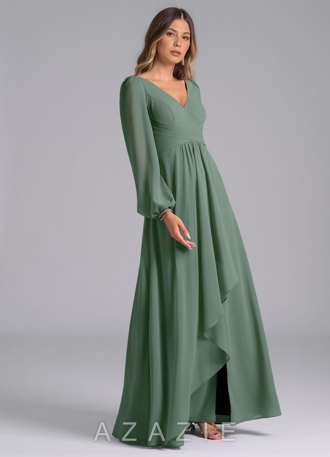 Azazie Liah Eucalyptus A-Line Long Sleeve Chiffon Dress eucalyptus