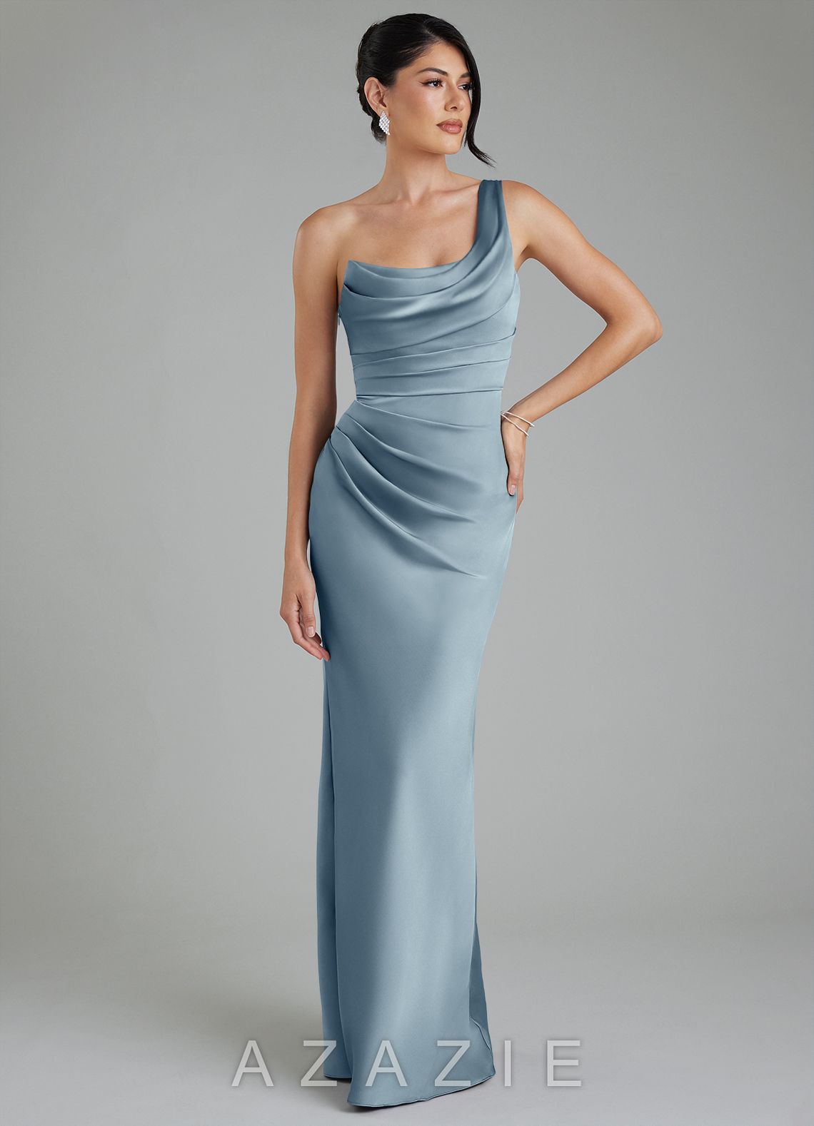 Azazie Sabrina Dusty Blue Mermaid Corset Stretch Satin Dress dusty_blue