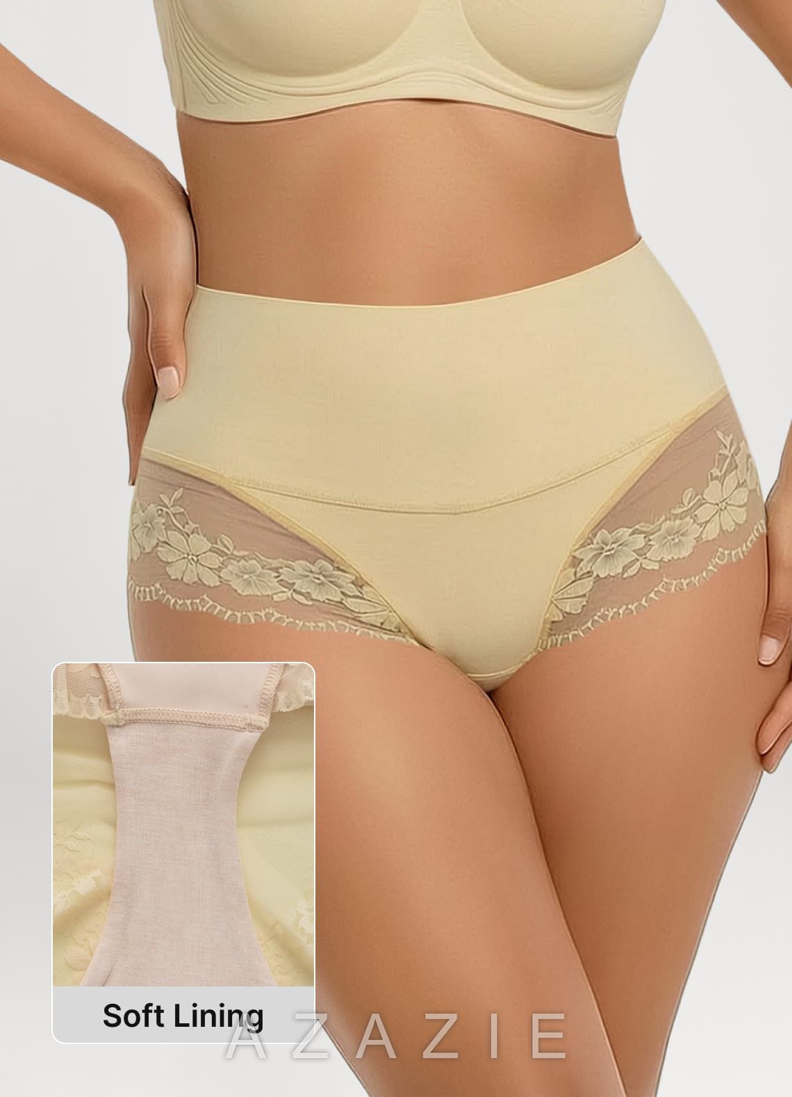 High Waist Tummy Control Lace Panel Briefs  warm_beige