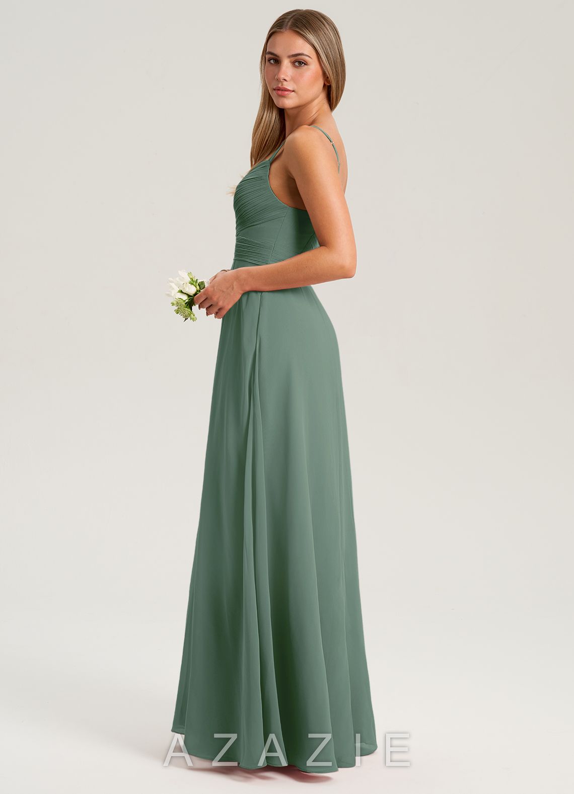 Azazie Terese Eucalyptus A-Line Pleated Chiffon Dress eucalyptus