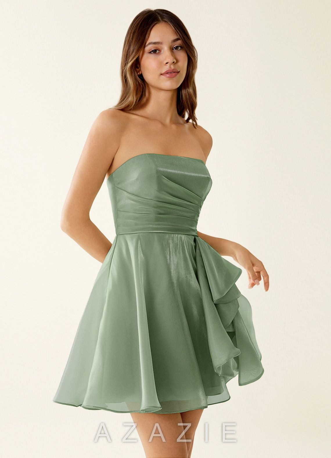 Nadine Sage Satin Faced Chiffon Ruffled Mini Dress