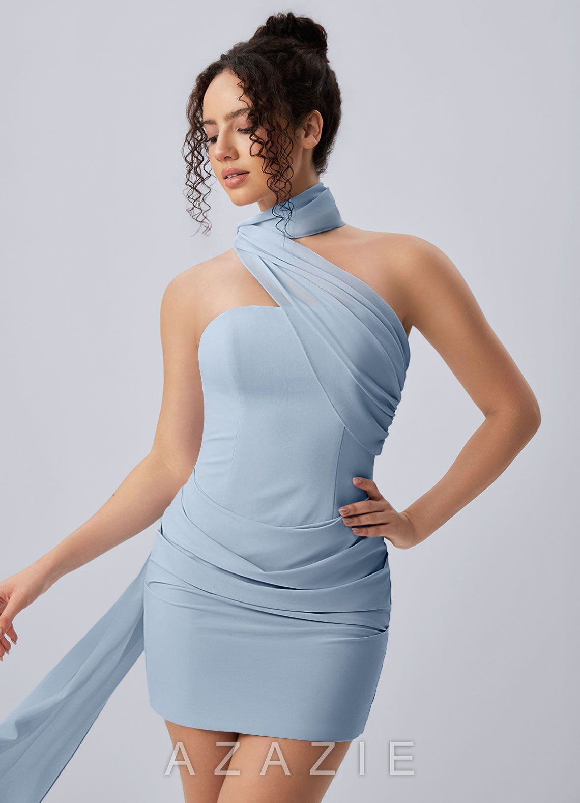Henriette Sky Blue Asymmetric Halter Draped Open Back Mini Dress