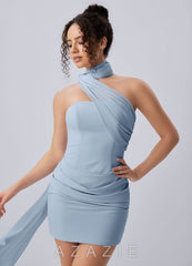 Henriette Sky Blue Asymmetric Halter Draped Open Back Mini Dress