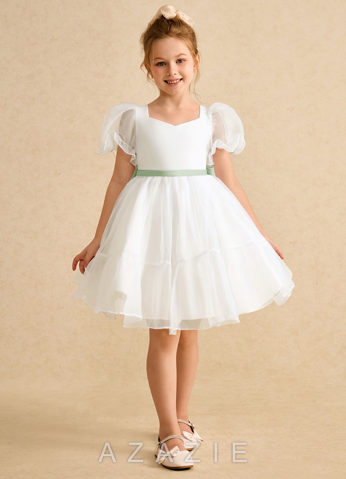 Azazie Debbie Ivory Dusty Sage Ball-Gown Sweetheart Neckline Organza Dress ivory/dusty_sage