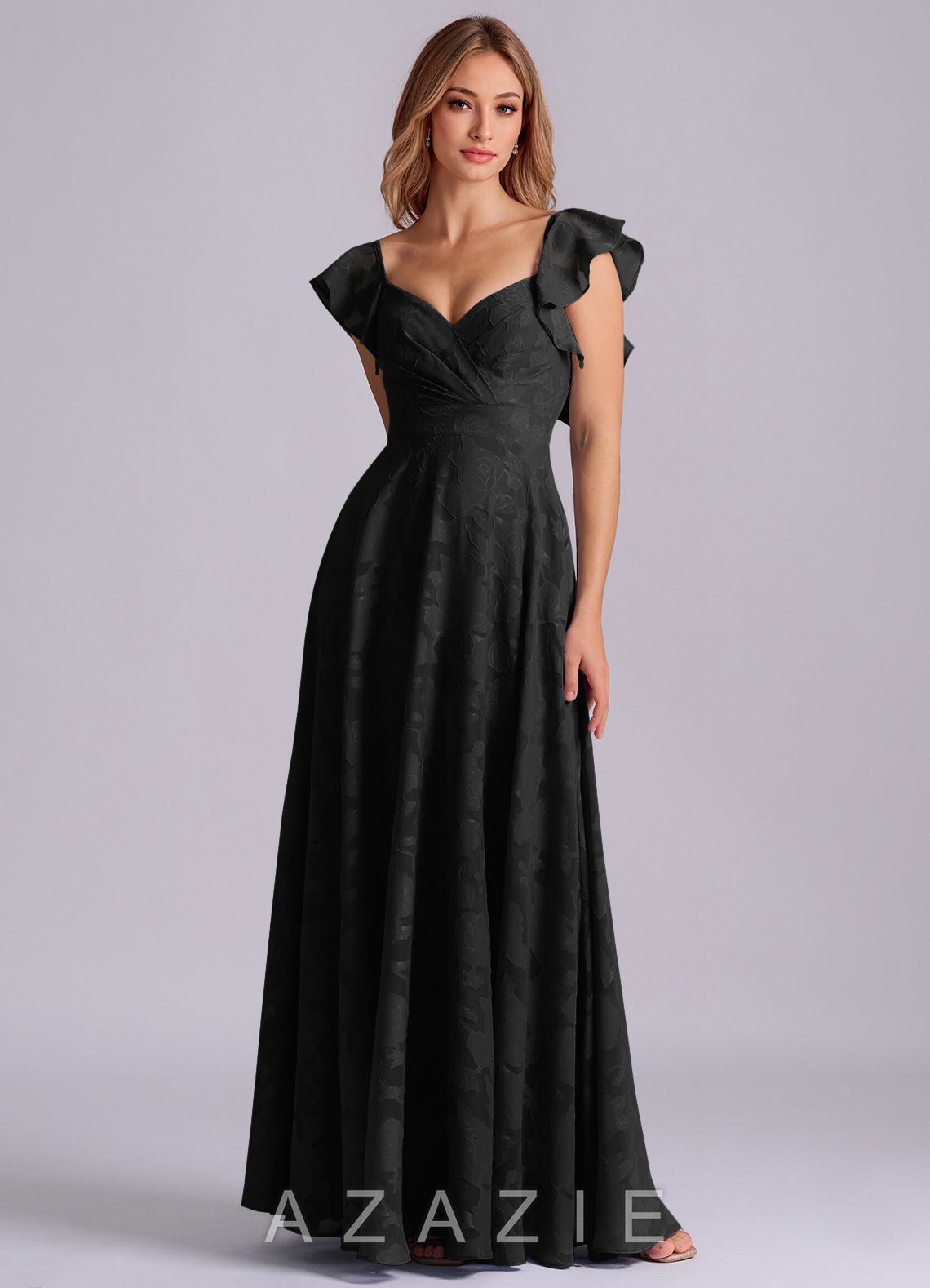 Azazie Leilani Black A-Line Sweetheart Neckline Floral Burnout Dress black