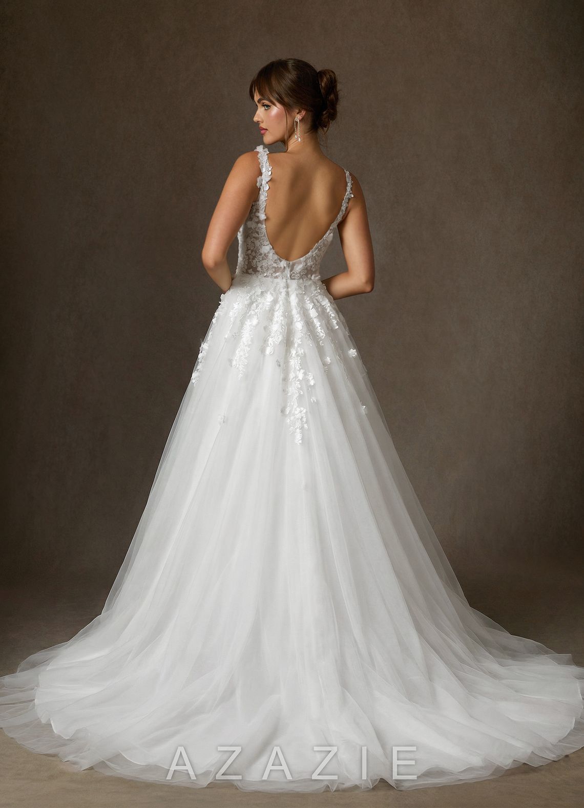 Azazie Sabine Diamond White Ball-Gown Square Neckline Lace Dress diamond_white