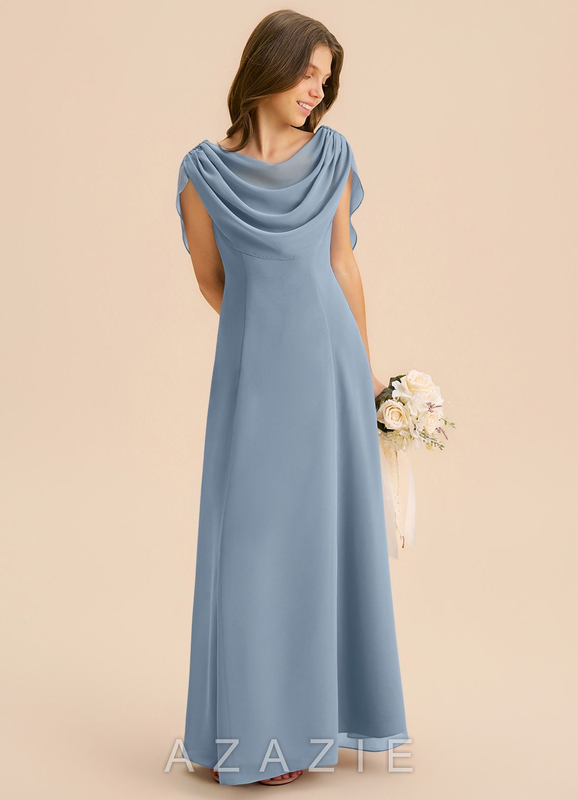 Azazie Lambie Junior Dusty Blue A-Line Pleated Chiffon Dress dusty_blue