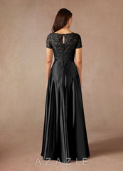 Azazie Adina Black A-Line Lace Metallic Satin Dress black