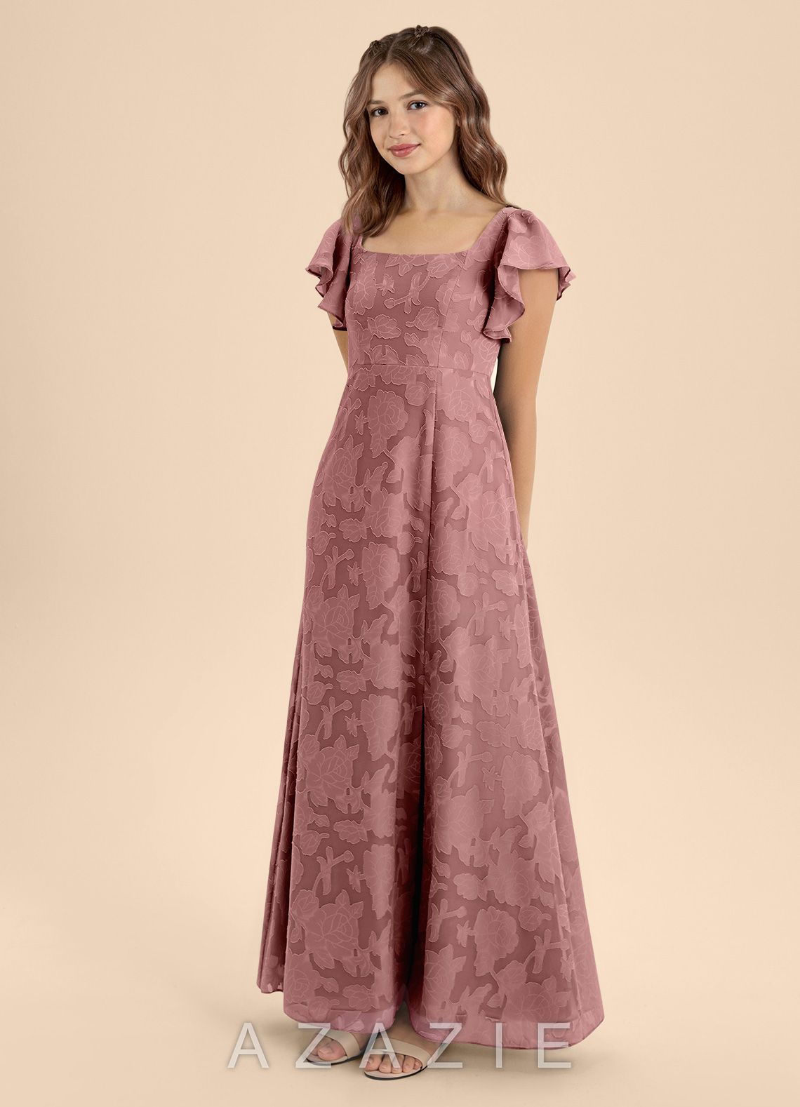 Azazie Bondi Junior Dusty Rose A-Line Bow Floral Burnout Dress dusty_rose
