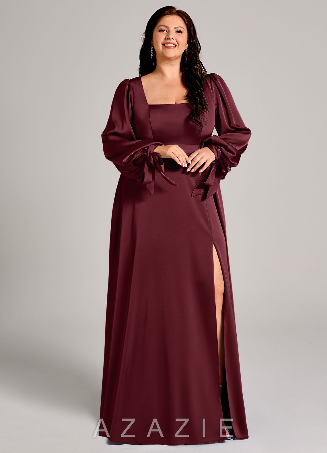Azazie Leonia Cabernet A-Line Long Sleeve Stretch Satin Dress cabernet