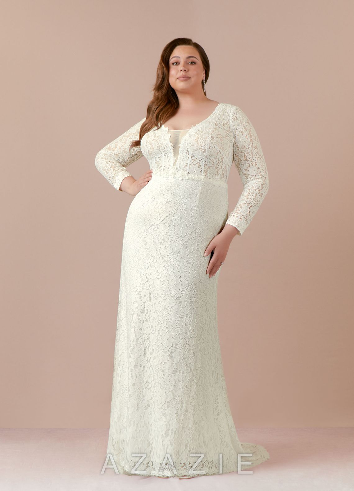 Azazie Indie Wedding Dress Cream Sheath V-Neck Tulle Dress cream