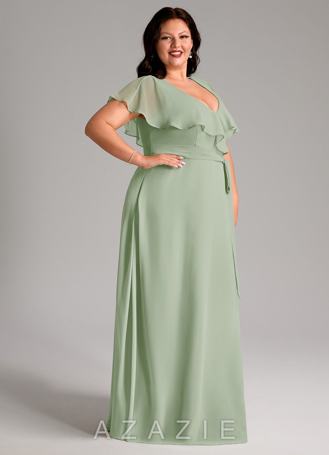 Azazie Lainey Dusty Sage A-Line with Pockets Chiffon Dress dusty_sage